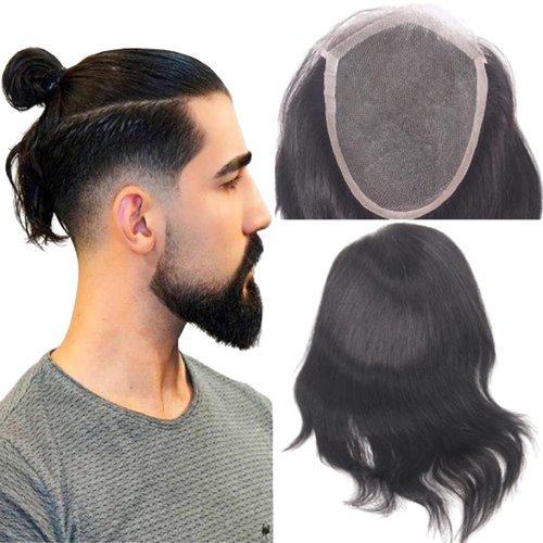 Voloria Swiss Lace Front with PU Men's Toupee Man Hairpieces Human Hair Replacement System for Men 4.5x7inch 10inches Long Hair 1B Black Color