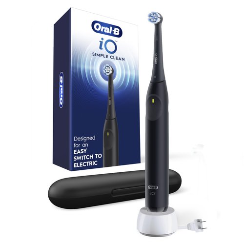Oral-B iO Simple Clean Rechargeable Electric Powered Toothbrush, Night Black with 1 Gentle Care Brush Head and 1 Black Travel Case - Automatic Pressure Sensor to Protect Gums - 3 Modes - 2 Min Timer