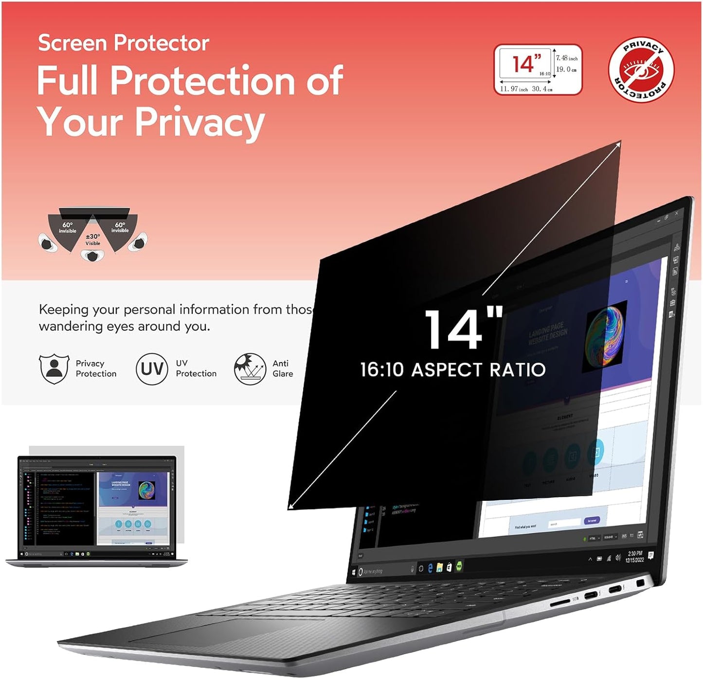 BERSEM 14 Inch Laptop Privacy Screen for 16:10 Ratio Computer Monitor, Removable Anti Glare Blue Light Filter for Laptop Privacy Screen 14 inch, Anti-Spy, Anti-Scratch, UV-Blocking