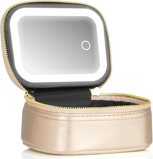 Mini Makeup Bag with Led Mirror, Small Travel Make up Bag 3 Light Modes Adjustable Brightness, for Women Organizer Cosmetic Bag, Portable Travel Train Toiletry Bag, for Pool Parties Work Touch-Ups