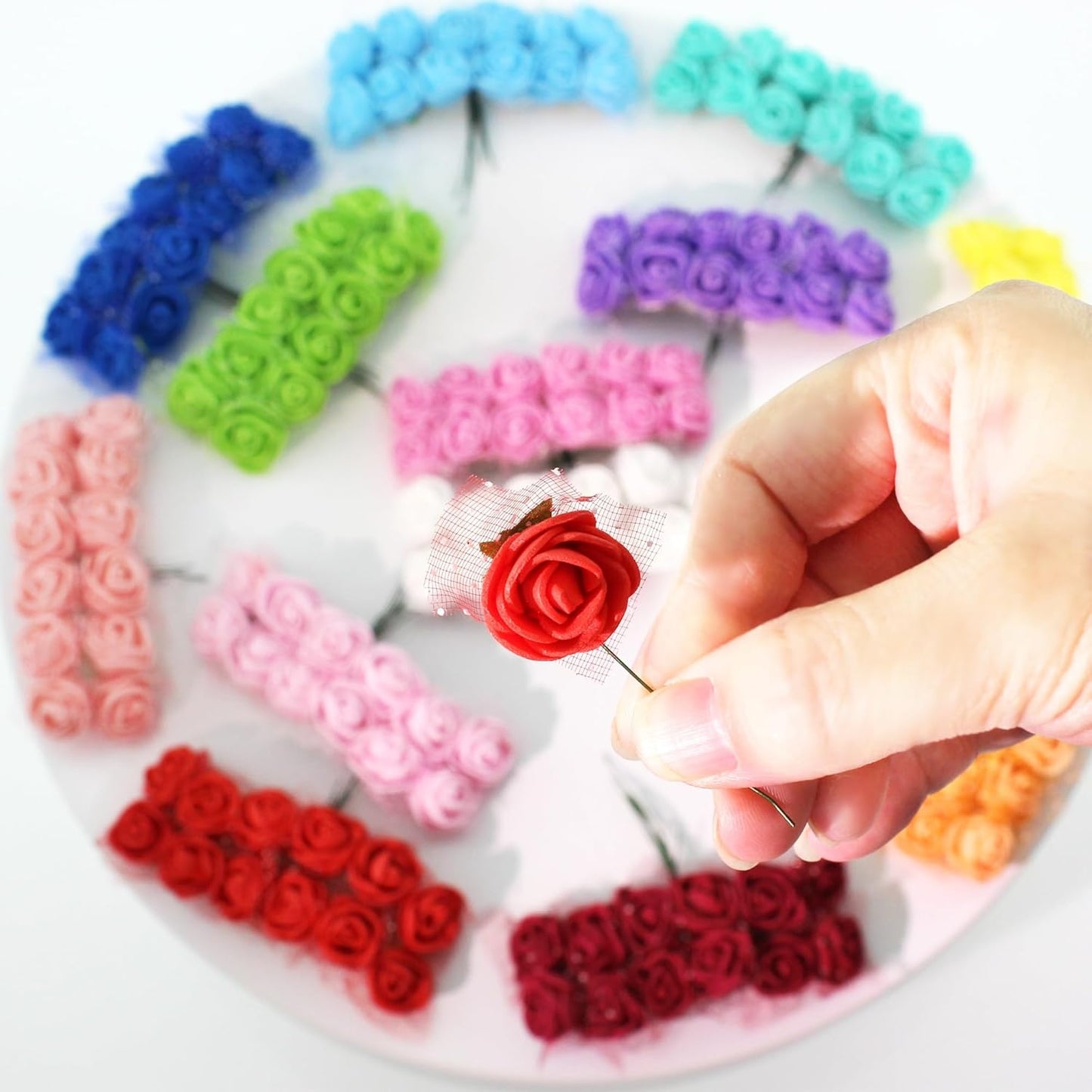 500 Pcs 0.6 Inch Mini Artificial Flowers Head Bulk 5 in 1 Set Faux Foam Fake Small Rose Tiny Baby Flores Bouquet Wreath Gift Hair Clip Home Decoration DIY Craft (Pink)