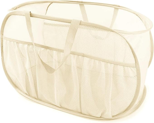 Collapsible Laundry Baskets, Upgrade Pop Up Laundry Hamper with Convenient Bags, Foldable Laundry Basket Mesh Light Weight, Easy to Carry Clothes Hampers for Laundry, Dorm, Toys, Travel Beige