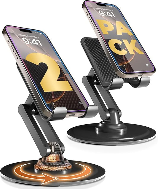 COOPER 360° Stand, [Gift Family Pack], Rotating Cell Phone Stand for Desk, Cell Phone Holder for Desk, iPhone Stand Holder, Sturdy Metal Base, Fits Samsung, Android Smartphones, (Piano Black, 2-Pack)