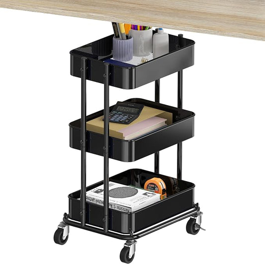 Simple Houseware 3-Tier Compact Utility Rolling Cart, Low 24” Height Fits Under Desk, Space-Saving Storage for Home Office, Dining Room, or Kitchen, Black