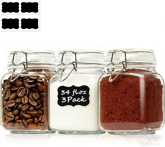 ComSaf 3-Pack Square Glass Coffee Canisters for 1lb Bean Bags, 34oz Airtight Jars with Clamp Lids for Tea, Sugar & Flour, Space-Saving Pantry Organization for Small Apartments & Coffee Station