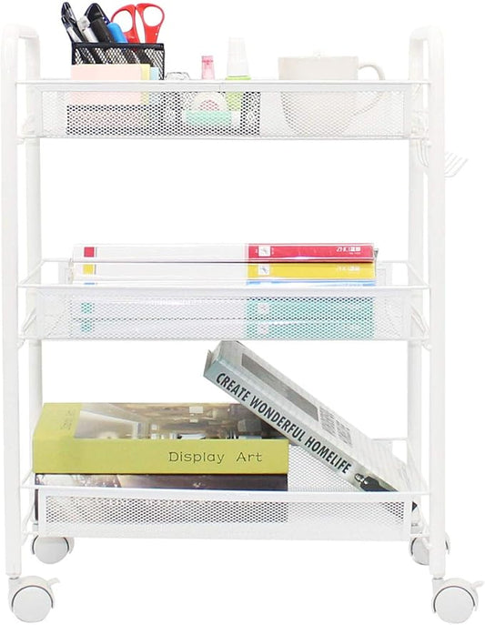 3-Tier Mesh Rolling Cart - 24.8" H Fits Under Desk Metal Cart with Wheel | Hold 35bls/Tier Small Space Storage Organizer Crafts Utility Cart for Office Pantry Bathroom Kitchen Laundry White