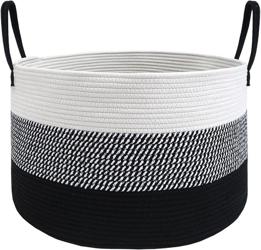 JMvicyroam 65L Extra Large Blanket Basket for Living Room - Woven Cotton Rope Laundry Hamper with Reinforced Handles - Storage Bin for Pillows, Comforters & Toys - Machine Washable,White&Black Mix