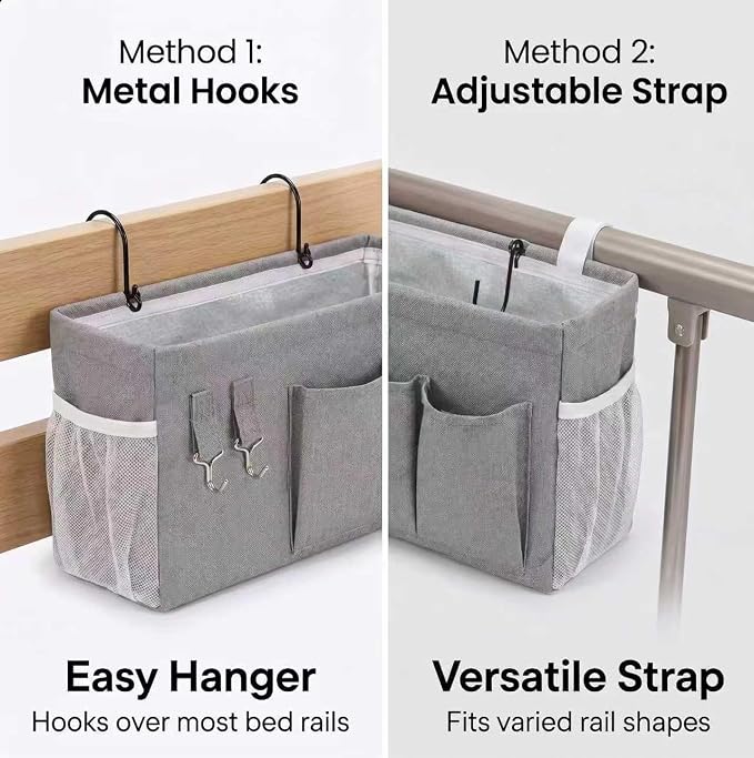 2pc Bedside Caddy Organizer with Hooks, No-Sagging Canvas Hanging Bed Pocket with Water Bottle Holder, Bedside Storage for Dorm Room Essentials, Bunk Bed Accessories, Hospital Bed Rails & Crib (white)