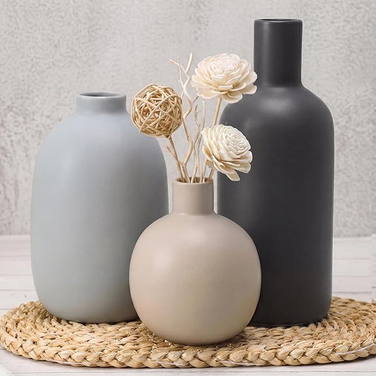 Ceramic Vase Set of 3, Large Neutral Rustic Vases for Farmhouse Decor, Pampas Grass & Dried Flowers and Table Living Room Home Decor