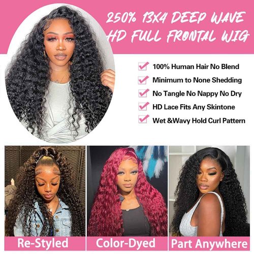 250 Density Deep Wave Lace Front Wigs Human Hair Curly Wig Wet and Wavy Lace Front Wigs Pre Plucked Frontal Wigs 20 Inch 100% Real Human Hair No Synthetic No Tangle No Shedding Triple Lifespan 3X