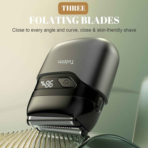 Tulzim Electric Foil Shaver for Men: Mini Electric Razor for Face - IPX7 Waterproof Cordless Razor with LED Display - 3 Floating Blade USB-C Fast Rechargeable for Travel & Home - Carbon Gray