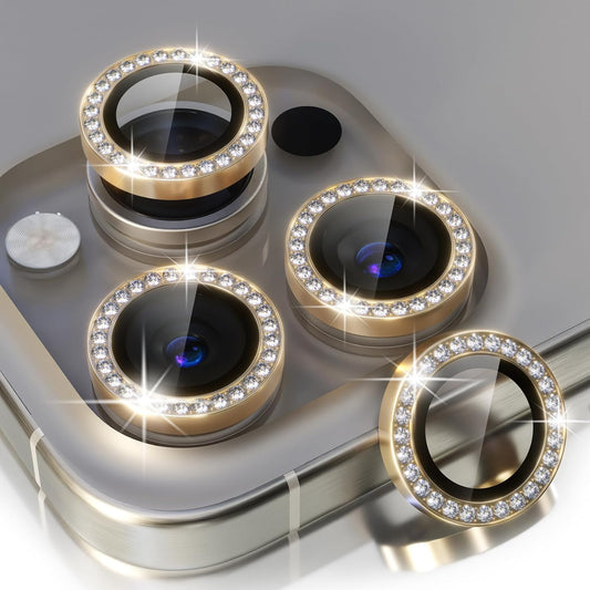 Choiche Compatible for iPhone 15 Pro/iPhone 15 Pro Max Camera Lens Protector Bling, 9H Tempered Glass Camera Cover Screen Protector Metal Ring Decoration Accessories (Diamond-Gold)
