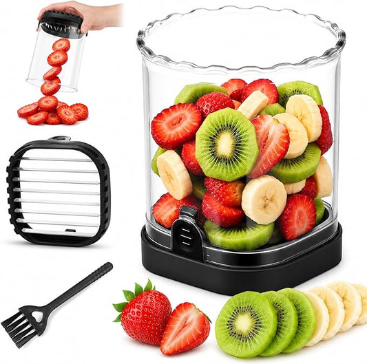 CUNSENR Strawberry Slicer, Fruit Slicer Cup with Stainless Steel Blades, Detachable Strawberry Cutter & Fruit Cutter for Strawberries, Banana, Egg, Cucumber, Mushroom, Quick Meal Prep - Black