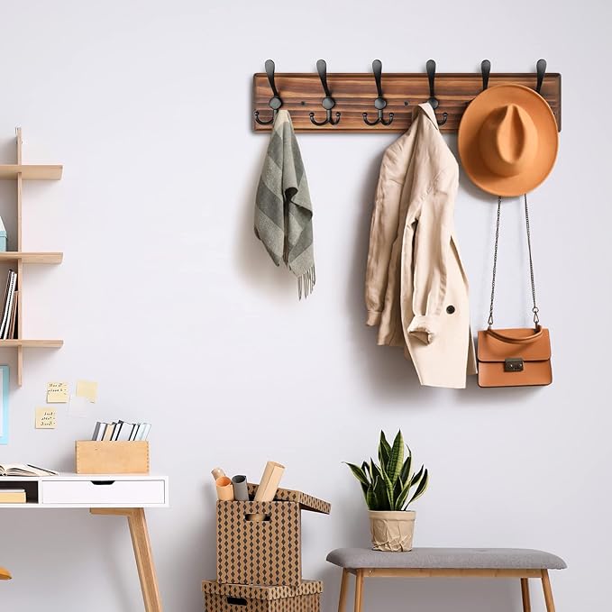 Coat Rack Wall Mount, Wooden Heavy Duty Coat Rack for Wall,6 Triple Coat Hanger Hooks for Hanging Coats,Jacket,Hat,Clothes (Brown, 6 Hooks)