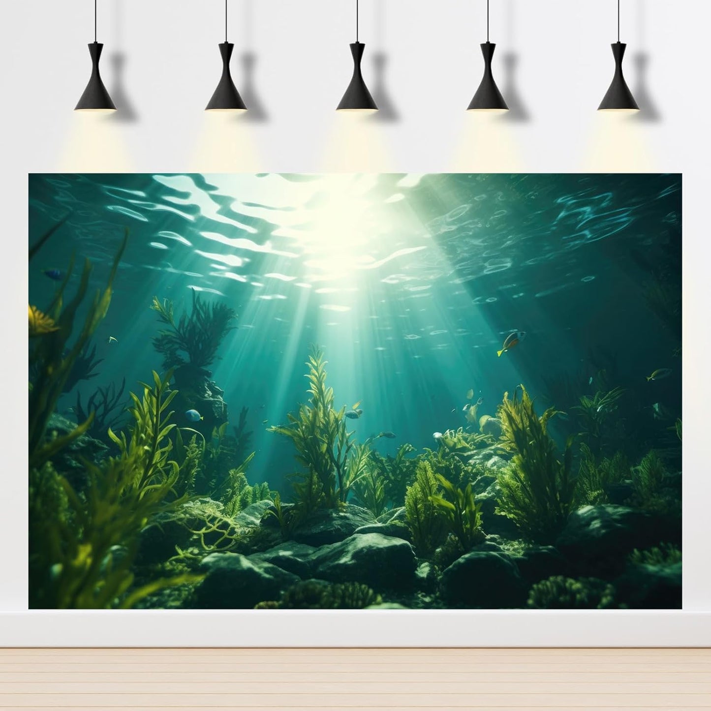 Ocean Aquarium Background Aquatic Plants with Rocks Terrarium Backdrop Sunlight Rays Deep Sea Fish Tank Background Aquarium Wallpaper Poster Decor Vinyl 24x12in