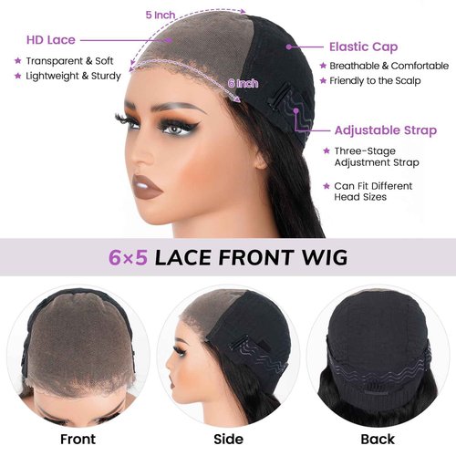 Looxey 6x5 Lace Front Wig Human Hair Wig for Women 210% Density Body Wave Wear and Go Glueless Wigs Pre Plucked Pre Cut Lace Wigs Pre Bleached Tiny Knots Wig 24 Inch