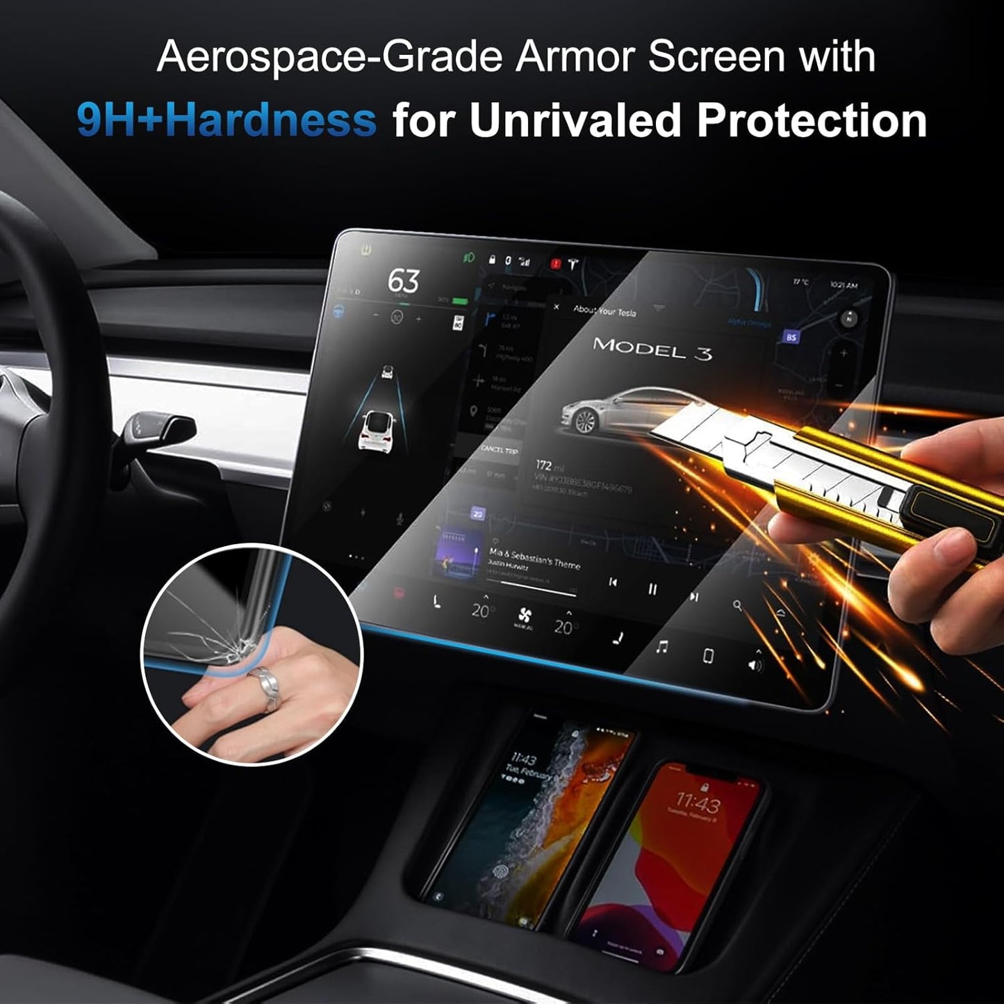Screen Protector for Tesla Model 3 (2017-2023) / Model Y (2020-2024), Tesla Protector Accessories, Navigation Touchscreen Tempered Glass, Auto-Align Installation, Anti-Fingerprint