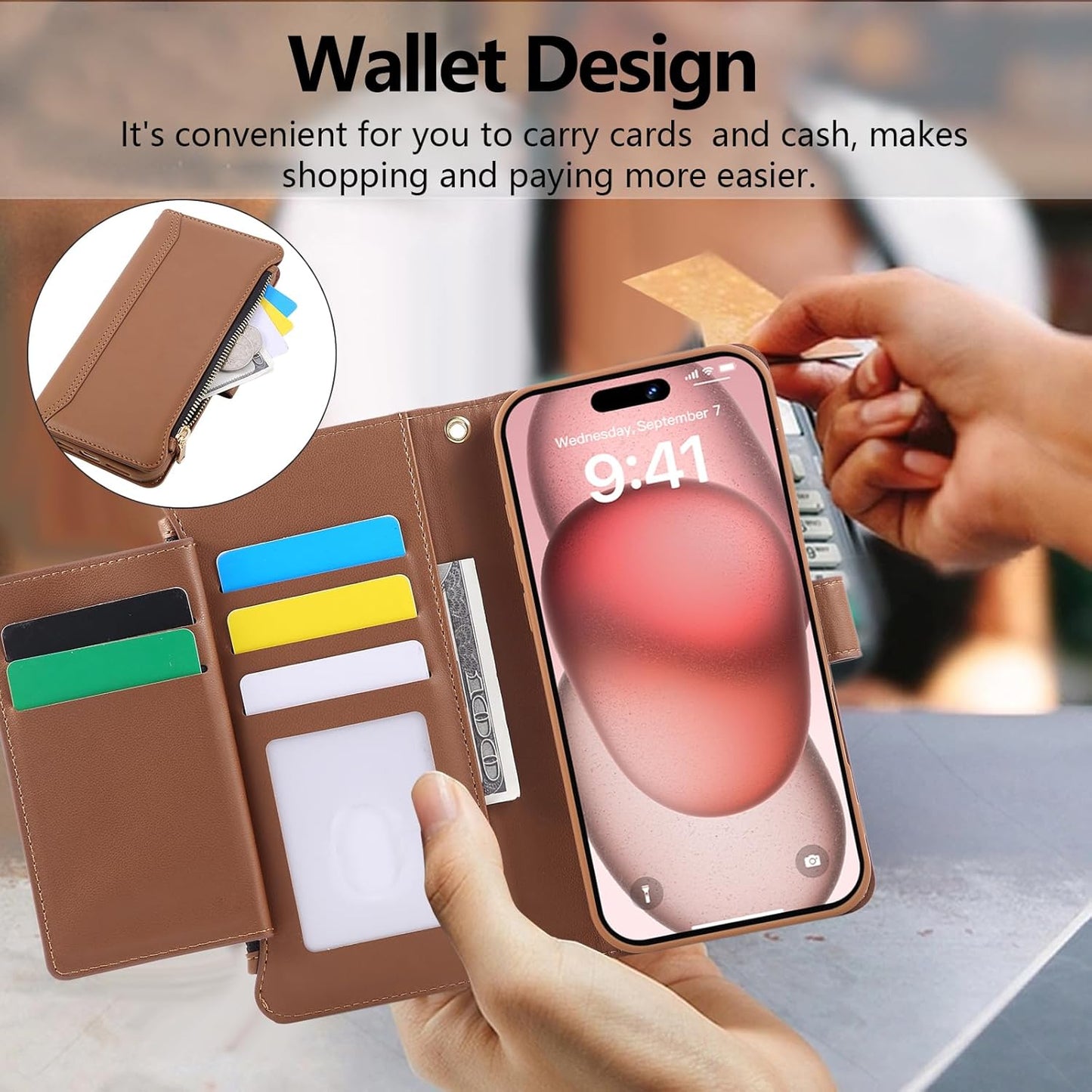 Compatible with iPhone 12 Pro Max Wallet Phone Case-PU Leather Magnetic Flip Cover with Credit Card Slots,Zipper Pocket & Detachable Wrist Strap,Shockproof Design,for Women and Men-Brown