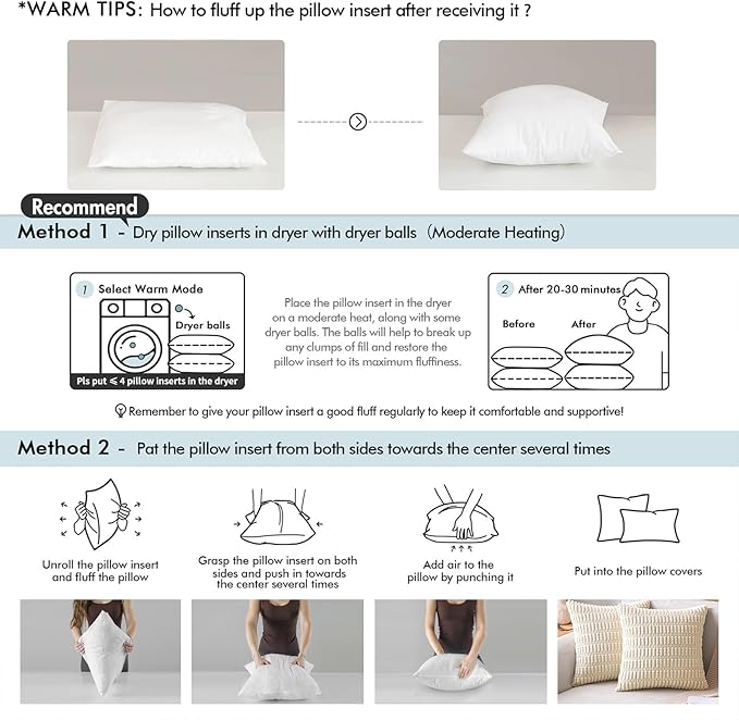 MIULEE Throw Pillows Inserts, Pack of 6 18x18 Inch 100% Virgin Fiber Filling Bed Couch Pillows