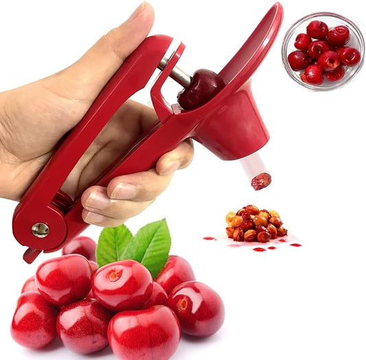 Cherry Pitter, Heavy-Duty Stainless Steel Olive and Cherry Pitters Corer Tool with Space-Saving Lock Design, Multi-Function Cherries Stoner Seed Remover Tool for Making Cherry Jam (Red)