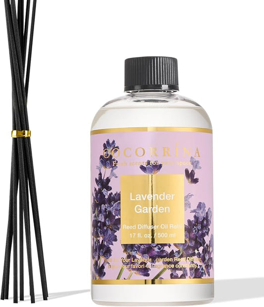 Cocorrína Reed Diffuser Refill Lavender Garden 17oz (500ml) with 8 Rattan Sticks - Premium Long-Lasting Scented Oil, Home Fragrance for Bedroom, Bathroom Home Decor