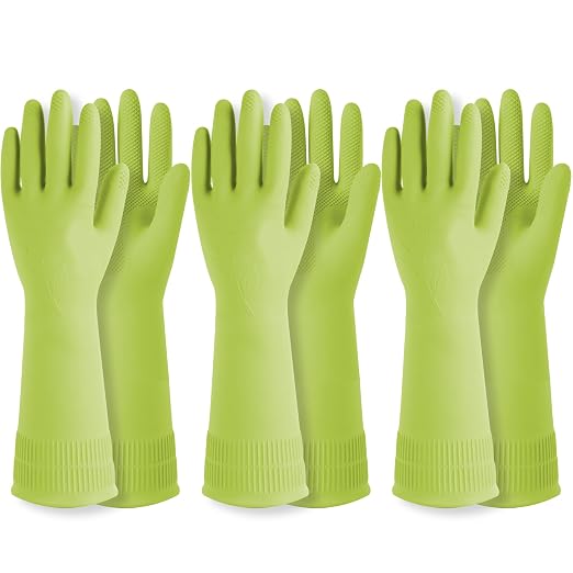 DABOGOSA Reusable Waterproof Household Dishwashing Cleaning Rubber Gloves, Non-Slip Kitchen Glove (Green, Medium (Pack of 3))