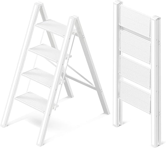 4 Step Ladder, Aluminum Folding Step Stool with Anti-Slip Sturdy and Wide Pedal, Lightweight Portable Stepladder for Home and Kitchen Use, Cream White, 330 lbs