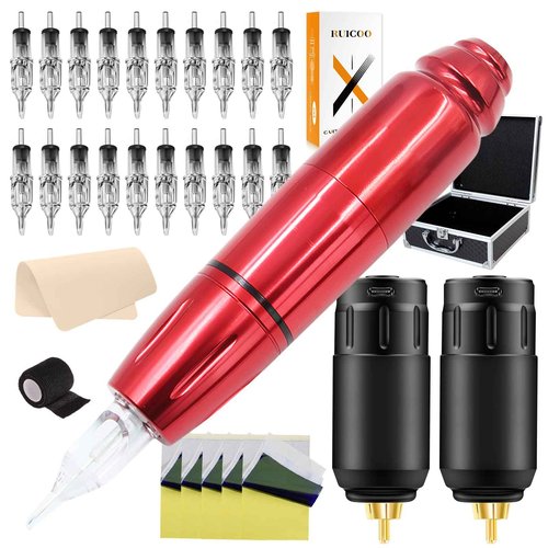 Tattoo Pen Kit - Ruicoo Tattoo Rotary Machine Kit Wireless Machine Pen Kit (Red) Carrying Case with Tattoo Cartridge Needles Tattoo Practice Skin for Tattoo Artists and Suppliers