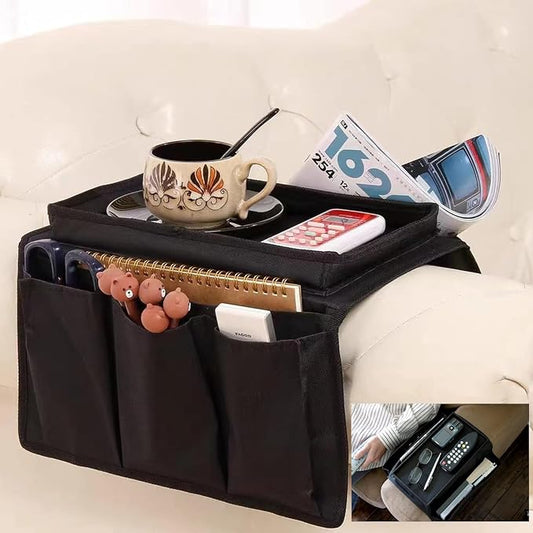 Sofa Armrest Organizer with Cup Holder No-Slip Couch Sofa Armrest Organiser Couch Remote Caddy Control Holder with 1 Large Pockets and 3 Small Pockets for TV Remotes Cellphone Magazines Drinks (Black)