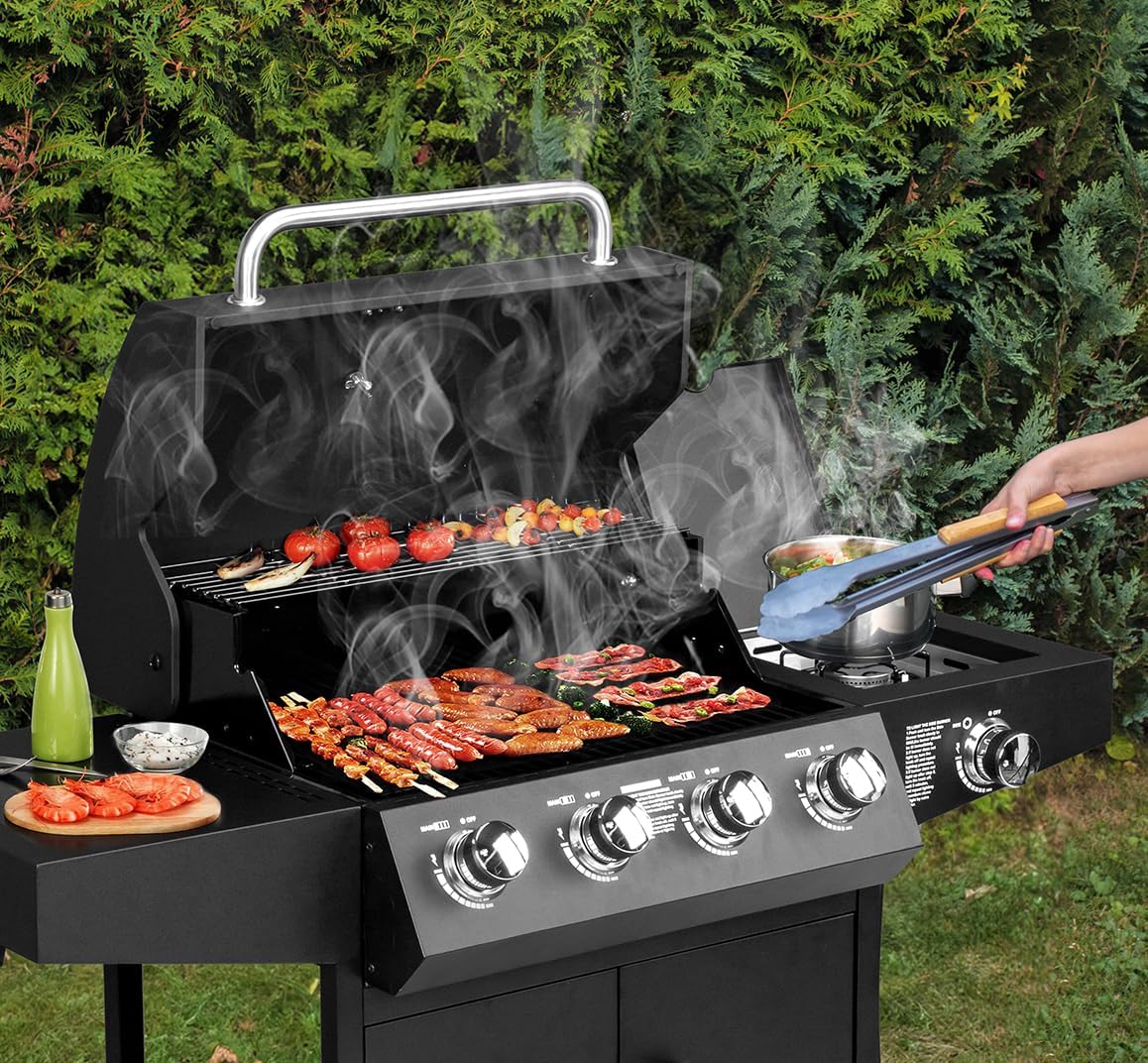 ROVSUN 4-Burner Propane Gas BBQ Grill with Side Burner & Enameled Cast Iron Grates, 58,000 BTU Barbecue Grill with Wheels for Outdoor Patio Backyard Cooking Grilling, Black