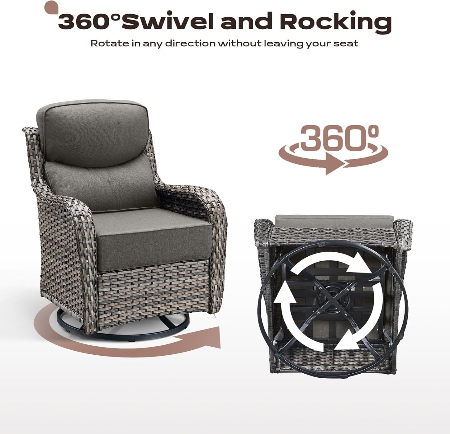 Wicker Outdoor Patio Furniture Set - 6 Piece Patio Conversation Sets with Swivel Rocker Chairs, Ottomans, Sofa and Coffee Table, 6 inch Cushions, Deep Seating, for Porch Deck Mixed Grey/Grey