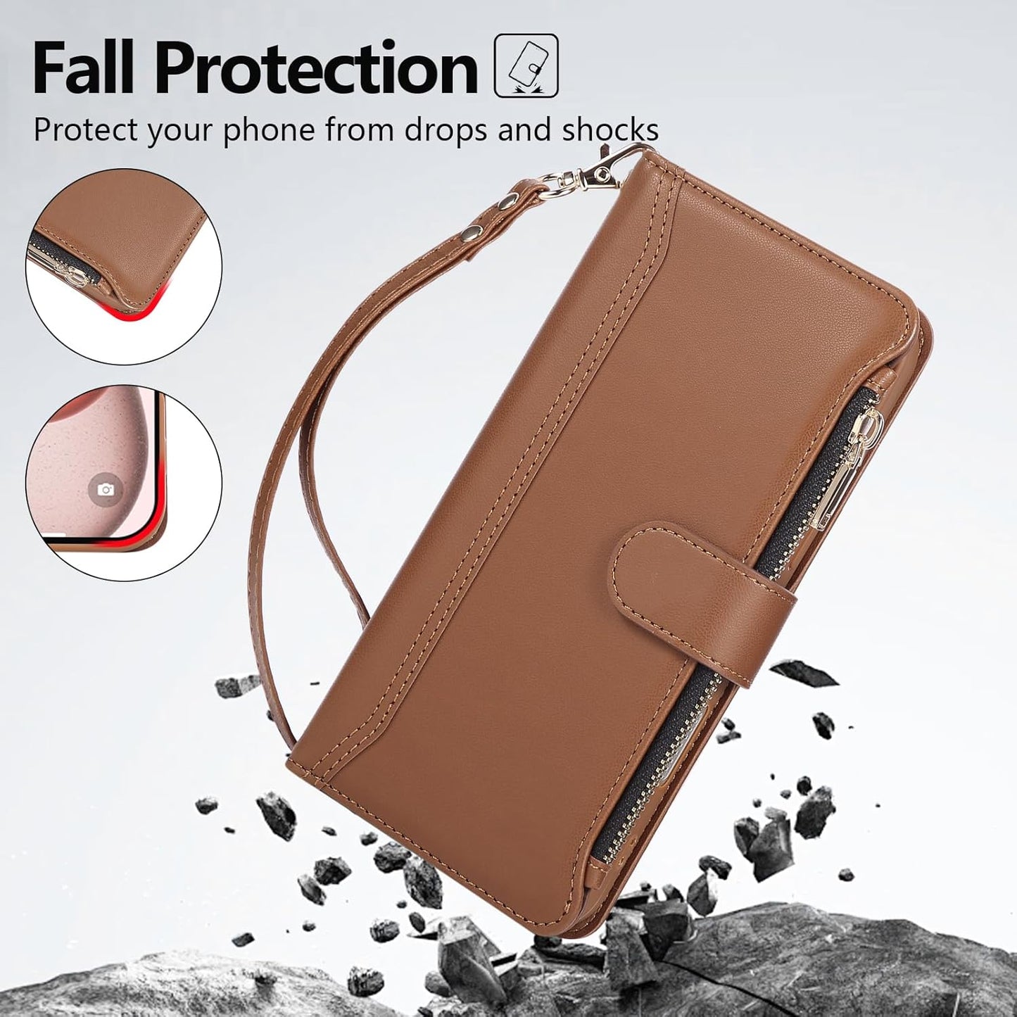 Compatible with iPhone 16 Pro Wallet Phone Case-PU Leather Magnetic Flip Cover with Credit Card Slots,Zipper Pocket & Detachable Wrist Strap,Shockproof Design,for Women and Men-Brown