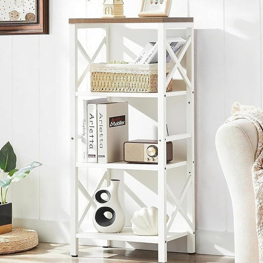 MNEETRUNG Small Bookshelf,4 Tier Industrial Bookcase with Metal Frame and Backboard,Narrow White Book Shelf,Book case for Small Spaces,Living Room,Bedroom and Home Office