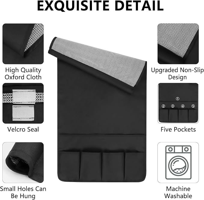 Non-slip Couch Organizer Armchair Caddy, Oxford TV Remote Control Holder Bedside Caddy with 5 Pockets for Key Glasses Phone Magazine Holders.
