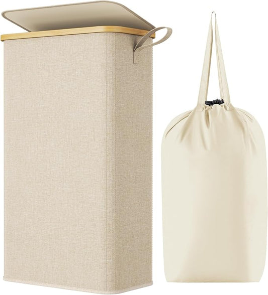 Lifewit 75L Slim Laundry Hamper with Lid, Narrow Laundry Basket with Removable Bag & Bamboo Handles, Fodable Thin Dirty Clothes Hamper for Laundry Collapsible Bin for Bathroom Bedroom Dorm, Beige