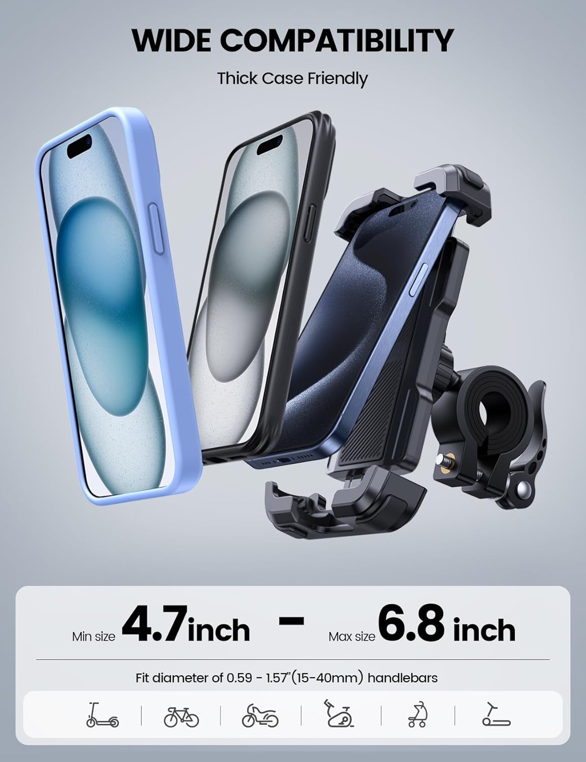 Lamicall Bike Phone Mount Holder - Motorcycle Phone Mount, Adjustable Cell Phone Holder, Bicycle Scooter Handlebar Cradle Clip for iPhone 16 Pro Max/Plus, iPhone 15 Plus, iPhone 14 and 4.7-6.8" Phone"