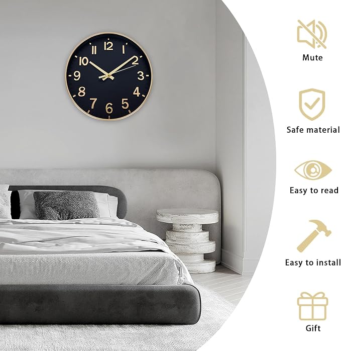 HZDHCLH Wall Clocks Battery Operated,Wall Clock Black Gold,8 inch Wall Clock Silent Non Ticking Modern 3D Numbers for Kitchen Bedroom Living Room Office Classroom Decor