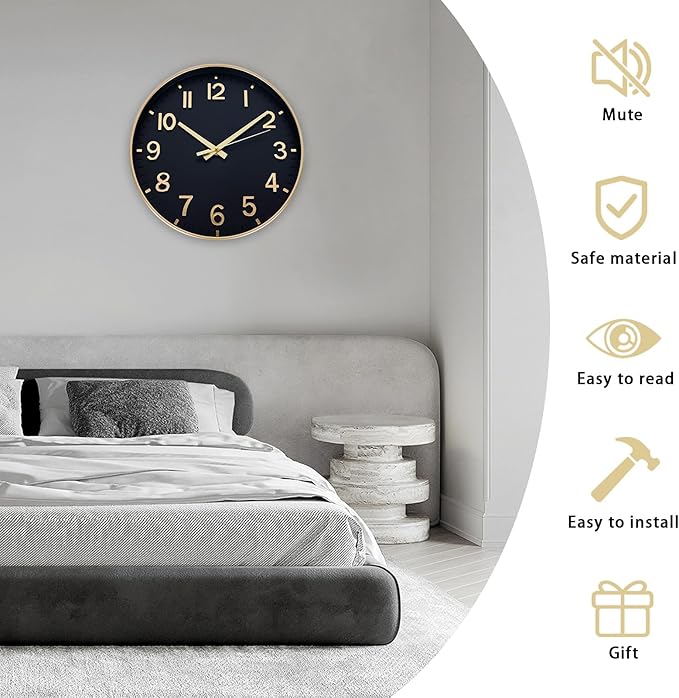 HZDHCLH Wall Clocks Battery Operated,Wall Clock Black Gold,10 inch Wall Clock Silent Non Ticking Modern 3D Numbers for Kitchen Bedroom Living Room Office Classroom Decor