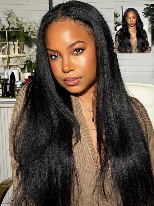 Beauty Forever EasiContour V Part Wigs Human Hair Yaki Straight Upgrade U Part Wigs Glueless Full Head Clip In Half Wig V Shape Drawstring Wigs No Leave Out Natural Color 150% Density 16inch