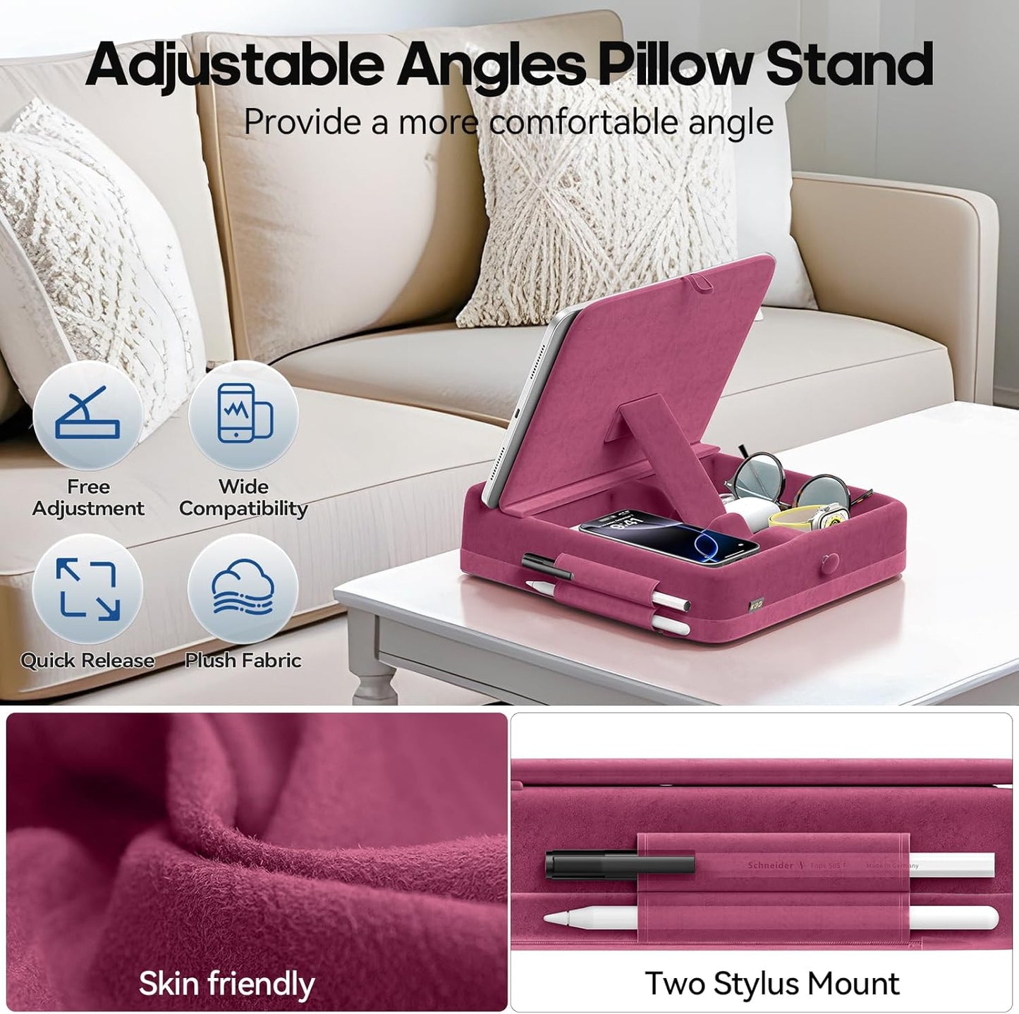 KDD Tablet Pillow Stand with Storage, Foldable iPad Holder for Lap, Desk and Bed, Angle Adjustable Soft Pad Dock with Stylus Mount Compatible with iPad Pro, Air, mini, Book, Phone and Tablet (4-13")