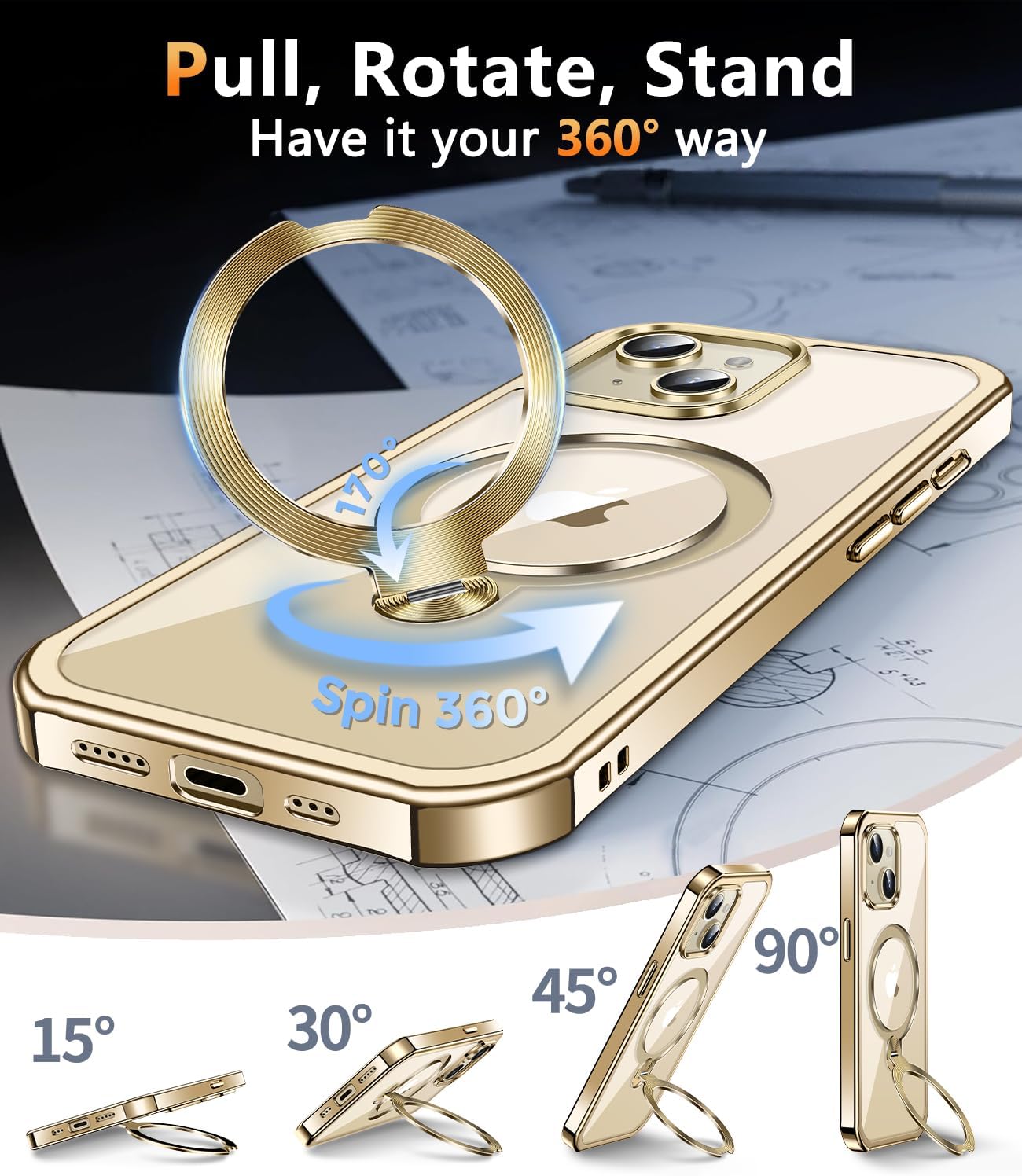 [360° Rotatable CD Stand & Built-in Privacy Screen Magnetic Case for iPhone 15 [Compatible with MagSafe & Full Signal] Mil-Grade Shockproof Full Body Anti-Spy Cover for 15-Gold