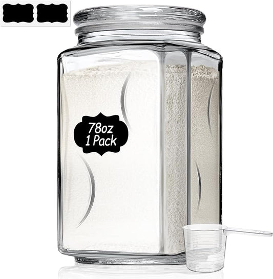 ComSaf 78oz Large Glass Storage Container with Airtight Lid, Thick Square Flour and Sugar Jar for Pantry Organization, Wide Mouth Glass Canister for Rice, Pasta, Cereal, Laundry Detergent
