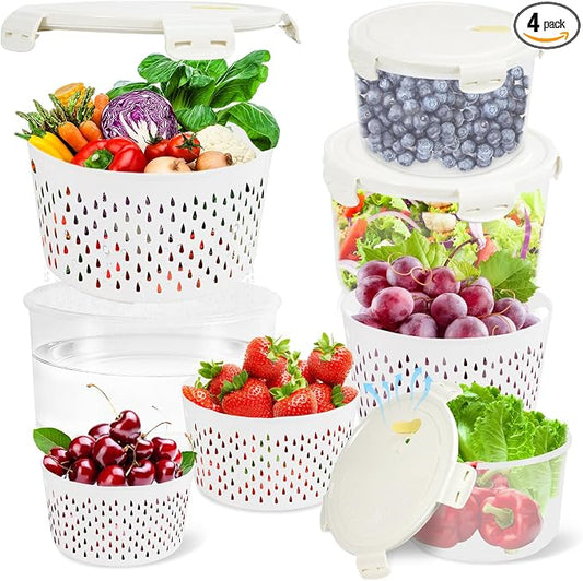 8 Pieces Airtight Fruit Storage Containers for Fridge with Air Circulation Vent, 4 Pack Round Produce Saver with Colander for Berry Lettuce Salad Vegetable Storage, Refrigerator Organizers -White