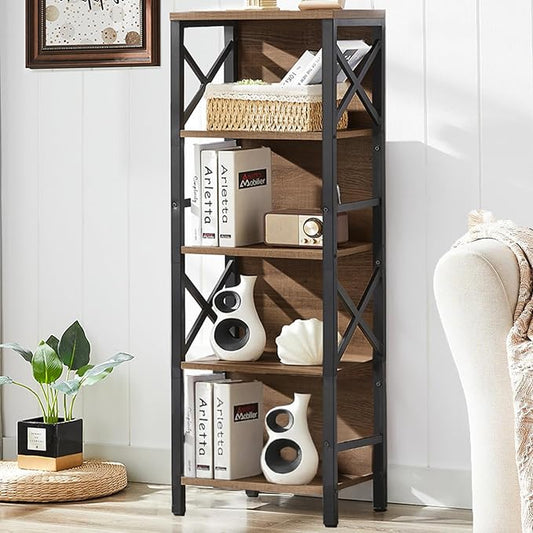 MNEETRUNG Small Bookshelf,5 Tier Industrial Bookshelf with Metal Frame and Backboard,Narrow Rustic Brown Book Shelf,Book case for Small Spaces,Living Room,Bedroom and Home Office