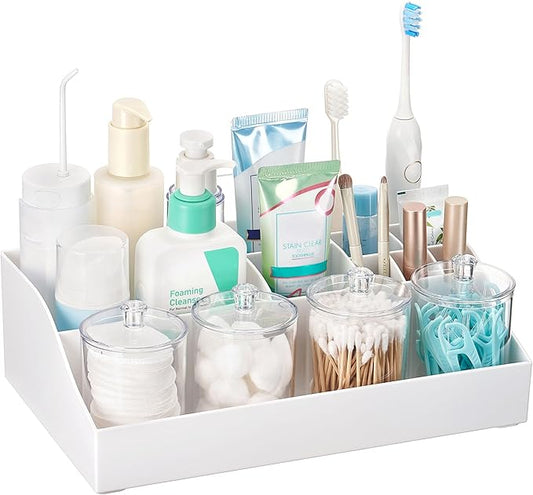 Vtopmart 5 PCS Bathroom Countertop Organizer, 1 Divided Tray with 4 Qtip Holder Jars, Restroom Clear Organizers for Toothbrush, Cotton Pads Balls, Floss, Bathroom Vanity Accessories Storage Set, White