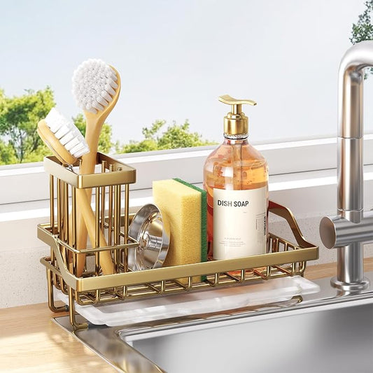 Consumest Sink Caddy, Kitchen Sponge Holder with Dish Brush Holder, Kitchen Sink Organizer with Drip Tray for Countertop, Stainless Steel Rustproof - Gold