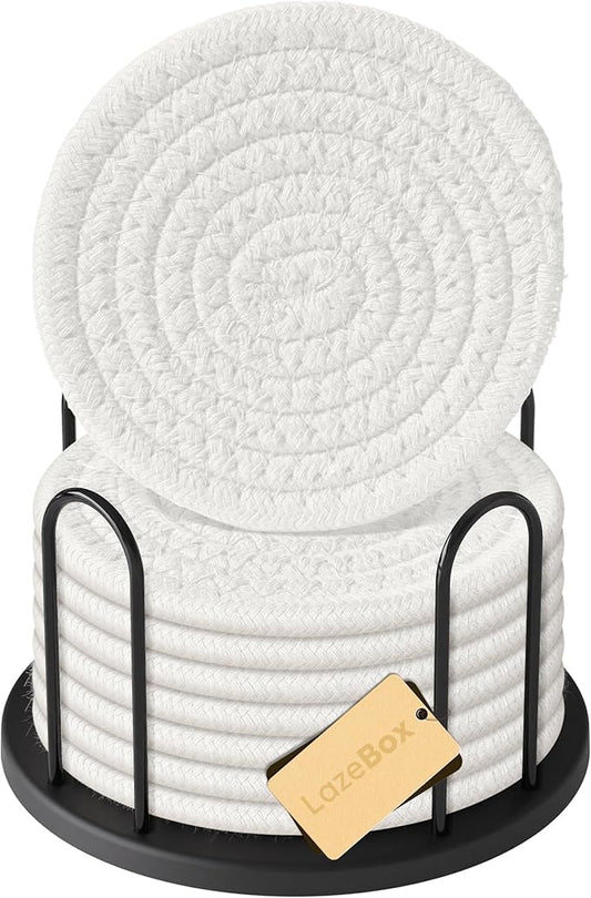 Lazebox Coasters Set of 8 for Drinks, 4 Inch Large Coasters for Coffee Table, Tabletop Protection for Hot & Cold Drinks, Versatile Coasters for Home Decor, Non-Slip & Easy to Clean, White