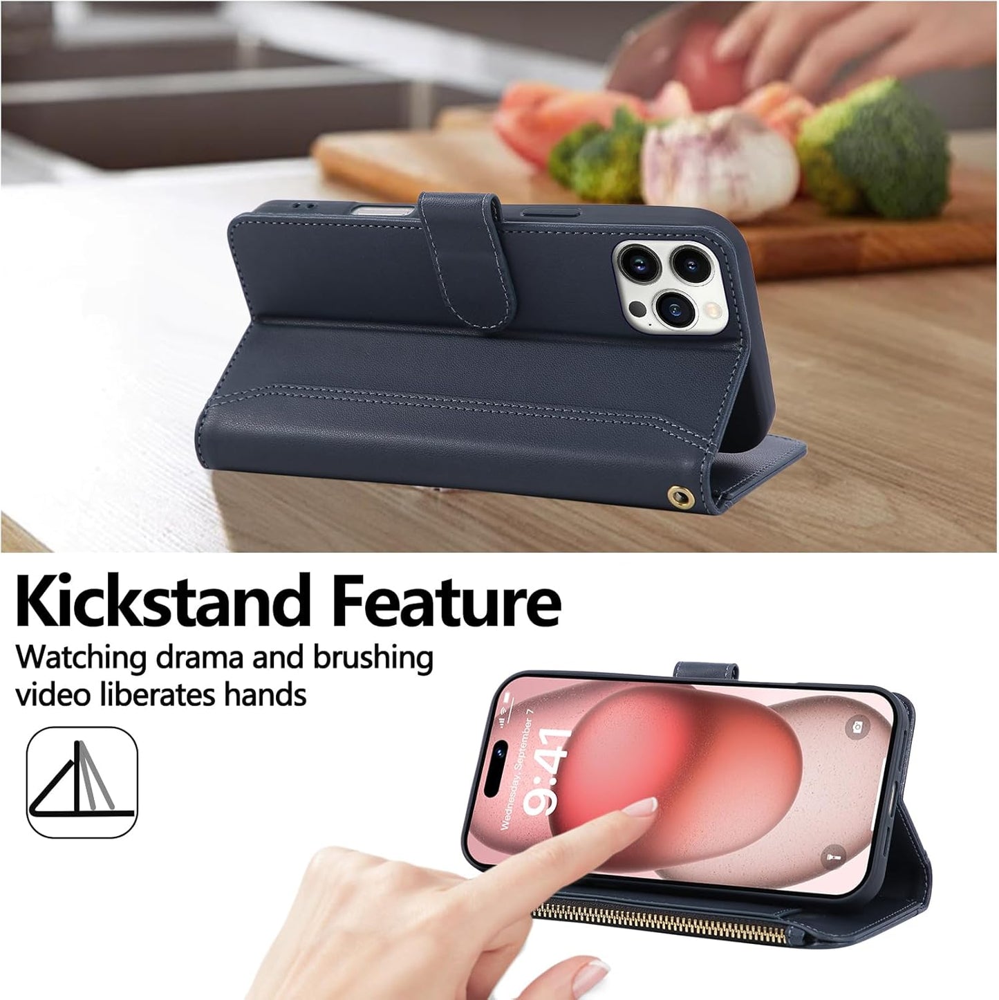 Compatible with iPhone 13 Pro Wallet Phone Case-PU Leather Magnetic Flip Cover with Credit Card Slots,Zipper Pocket & Detachable Wrist Strap,Shockproof Design,for Women and Men-Navy Blue