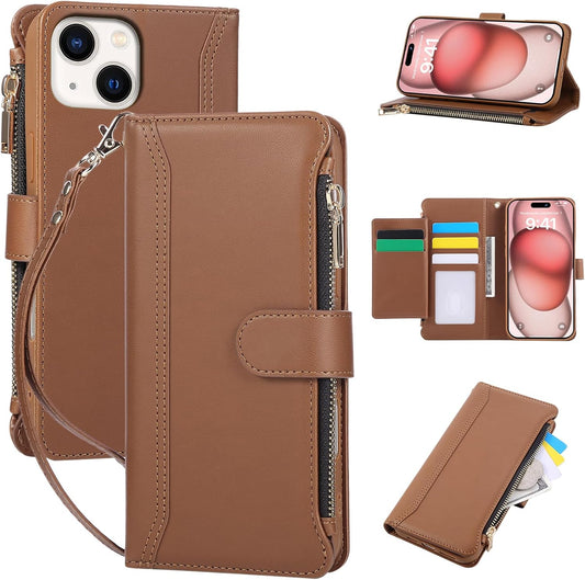 Compatible with iPhone 15 Wallet Phone Case-PU Leather Magnetic Flip Cover with Credit Card Slots,Zipper Pocket & Detachable Wrist Strap,Shockproof Design,for Women and Men-Brown