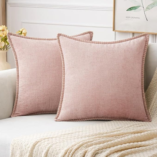 MIULEE Pack of 2 Couch Throw Pillow Covers 18x18 Inch Pink Farmhouse Decorative Pillow Covers with Stitched Edge Soft Chenille Solid Dyed Pillow Covers for Sofa Bed Living Room